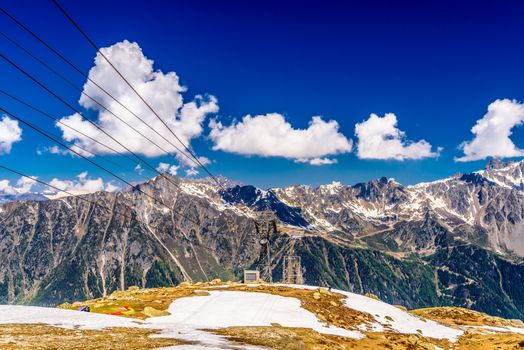 Cable car in snowy mountains in Chamonix, Mont Blanc, Haute-Savoie, France