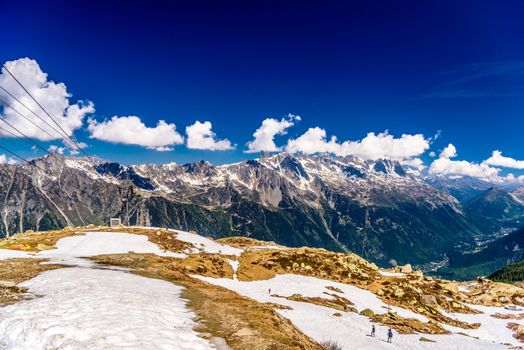 Cable car in snowy mountains in Chamonix, Mont Blanc, Haute-Savoie, France