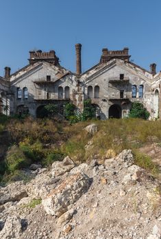 Old abandoned industrial factory Krayan in Odessa, Ukraine, in a sunny summer day