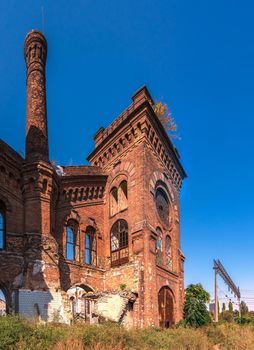 Old abandoned industrial factory Krayan in Odessa, Ukraine, in a sunny summer day