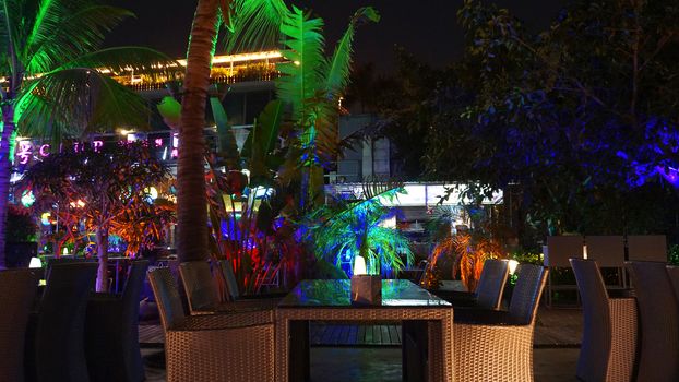 Night club, bar, cafe. Tropical beach club bar at night with purple, green, blue lights