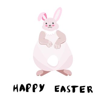Fat cute easter rabbit with handwritten note happy easter vector illustration on white background. 