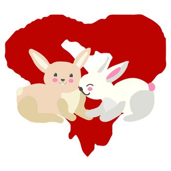 Two cute bunnies with red heart. Romantic symbol. Vector illustration on white background.