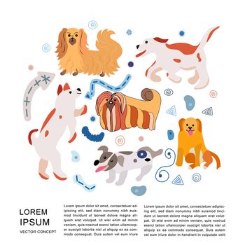 Round composition of different dog breeds. Vector illustration on white background with text frame.