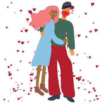 Stylish couple hugging with red hearts. Romantic composition on white background. Vector colorful illustration.