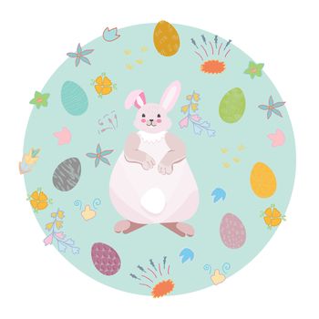 Circle madde with hand drawn Easter decoration. Cute easter eggs and fat bunny. Vector illustration isolated on white background.