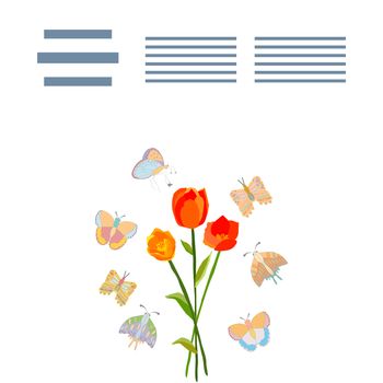 Vector illustration with red tulips and cartoon butterflies. Text frame. Isolated on white background.