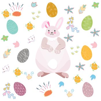 Cute Easter bunny with easter eggs background. Hand drawn doodle flowers. Vector illustration on white background.