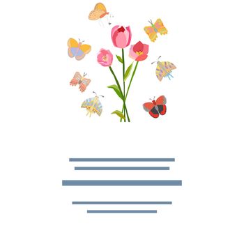 Pink tulip on white background with butterflies. Spring floral background. Vector illustration with text frame on white background.