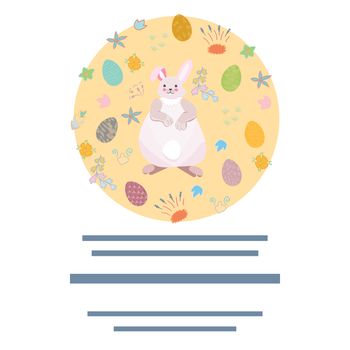 Round shape made with cute easter bunny and decorated easter eggs. Isolated vector illustration on white background. Text frame.