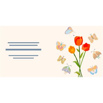 Spring tulips vector illustration with butterflies. Card template with hand drawn elements.