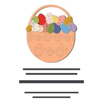 Hand drawn basket with Easter decorated eggs. Text frame vector illustration isolated on white background.