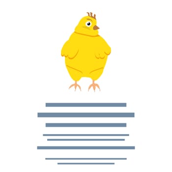 Vector illustration of cute Easter yellow chicken. Vector illustration isolated on whtie background with text.