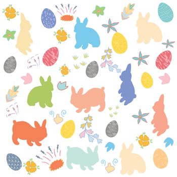 Festive spring background. Painted eggs, flowers and rabbits. For your design, greeting cards, fabrics, announcements.