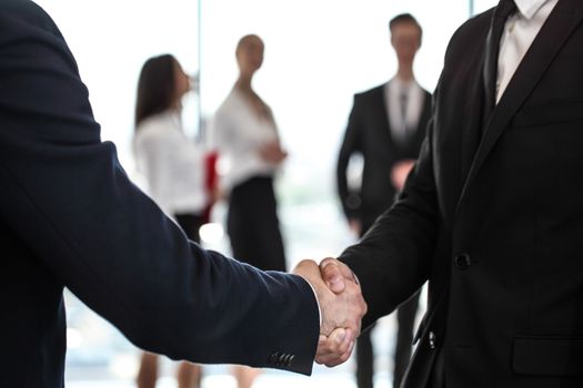 Business handshake at meeting, team of people on background