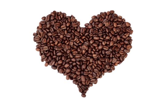 Aromatic roasted coffee beans in a heart shape, isolated on a white background