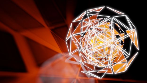 Polygonal Orange Abstract Triangle Glow Sphere on Dark Space Background. 3D illustration