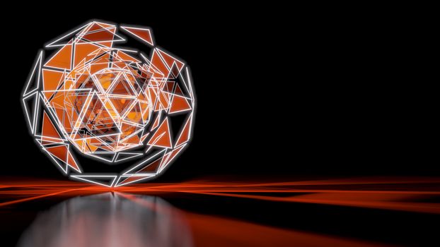 Polygonal Orange Abstract Triangle Glow Sphere on Dark Space Background. 3D illustration