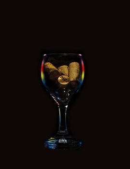 wine glass filled with corks of wine on a black background