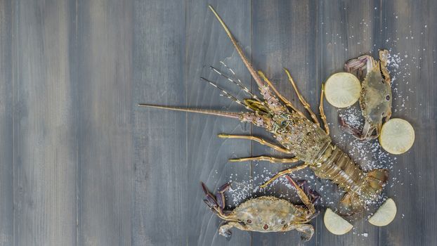 Food frame with crustacean . Lobster, crab, lemon and  salt on background