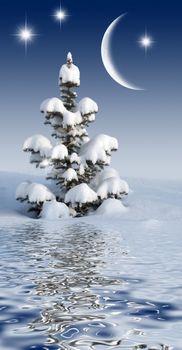 Snowbound christmas tree in the night sky with the moon and stars reflected in the water surface with small waves