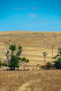 Rusty windmill standing on dry farmland in Western Australia