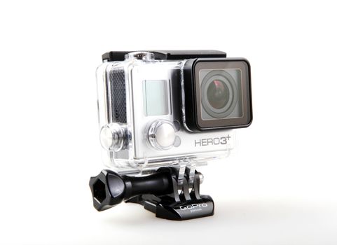 Pomorie, Bulgaria - March 01, 2019: GoPro HERO3+ Black Edition Adventure Camera. GoPro, Inc. Is An American Technology Company Founded In 2002 By Nick Woodman.