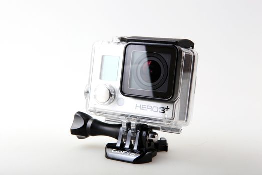 Pomorie, Bulgaria - March 01, 2019: GoPro HERO3+ Black Edition Adventure Camera. GoPro, Inc. Is An American Technology Company Founded In 2002 By Nick Woodman.