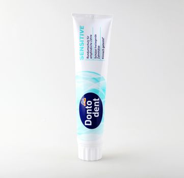 Pomorie, Bulgaria - March 01, 2019: - Dm Dontodent Sensitive Toothpaste. Dm-Drogerie Markt Is A Chain Of Retail Stores Headquartered In Karlsruhe, Germany.