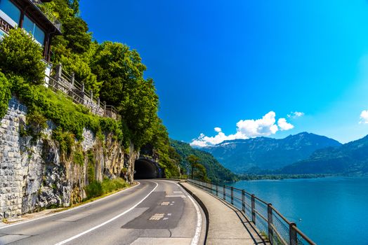 Road with cliffs, Lake Thun, Thunersee Bern Switzerland