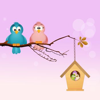 illustration of bird family and birdhouse