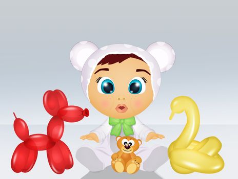 illustration of child with balloons in the form of animals