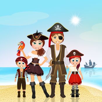 illustration of family of pirate on the island