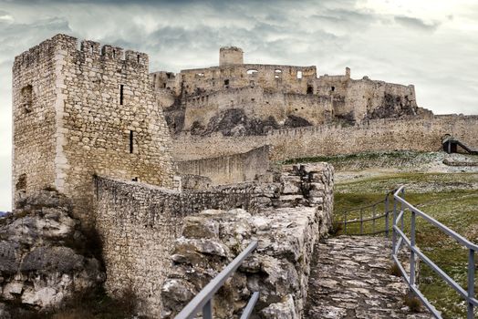 Ruin of Spissky Castle, Slovakia with dramatic sky.