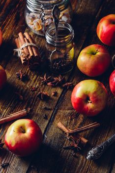 Red Apples with Clove, Cinnamon and Anise Star for Prepare Mulled Wine. Vertical.