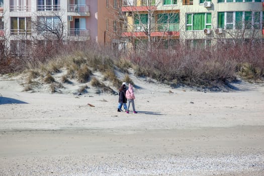 Pomorie, Bulgaria - March 02, 2019: Spring Walk Through The Central Part Of The City.