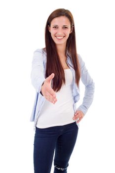 Young business woman offering handshake, isolated