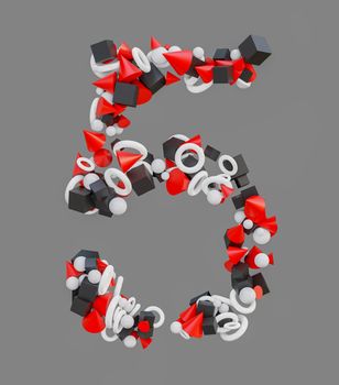 Abstract number five, consisting of spheres, cubes, toruses and pyramids. Abstract theme for trendy designs. 3D illustration. Grey background