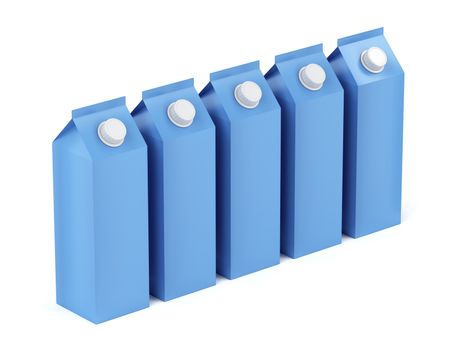 Row of blue containers for milk or other beverages on white background
