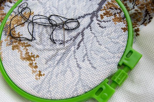 Flat lay embroidery Hoop with canvas and bright sewing thread and embroidery needle.
