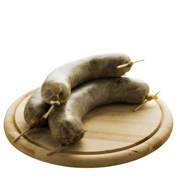 Tripe sausages served on a wooden board, isolated