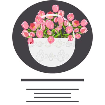 Circle border with white basket and pink tulips for text. Space for text. White background. Isolated poster design element. Vector illustration.