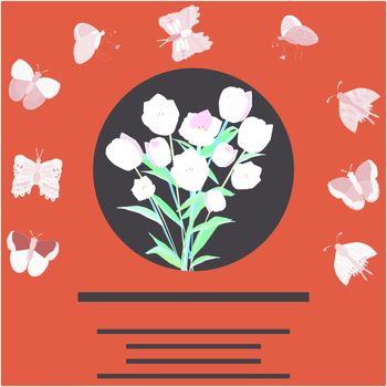 Tulip round flat frame with butterflies for text. Flat style clip with copyspace. Greeting card, poster design element. Vector Illustration.