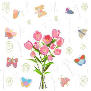 Bouquet of pink tulips with border of butterflies. Hand illustration on white background. Greeting card, poster design element. Vector Illustration.