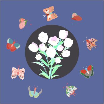 Circle border with tulips and butterflies on blue background. Greeting card, poster design element. Vector Illustration.