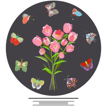 Circle border with butterflies and pink tullips in centre. Space for text. White background. Flat style clip with copyspace. Greeting card, poster design element. Vector Illustration.