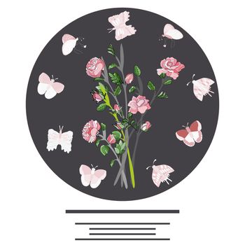 Circle border with roses and butterflies for text. Flat style clip with copyspace. Greeting card, poster design element. Vector Illustration.