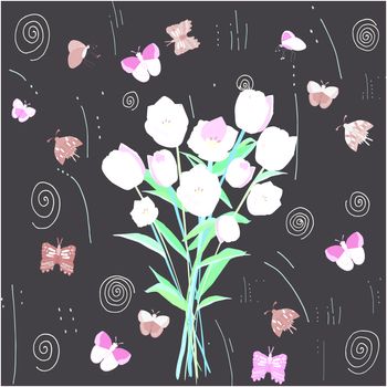 Floral round butterflies frame with tulips. Black background. Greeting card, poster design element. Vector Illustration.