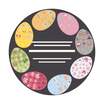 Circle border with easter eggs for text. Flat style clip art with copyspace. Greeting card, poster design element. Vector illustration.