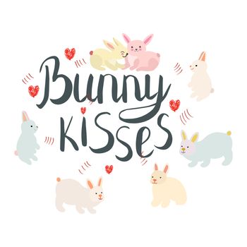 Bunny kisses with cute easter bunnies handwritten lettering. Flat style illustration with red hearts. T-shirt, poster vector design.